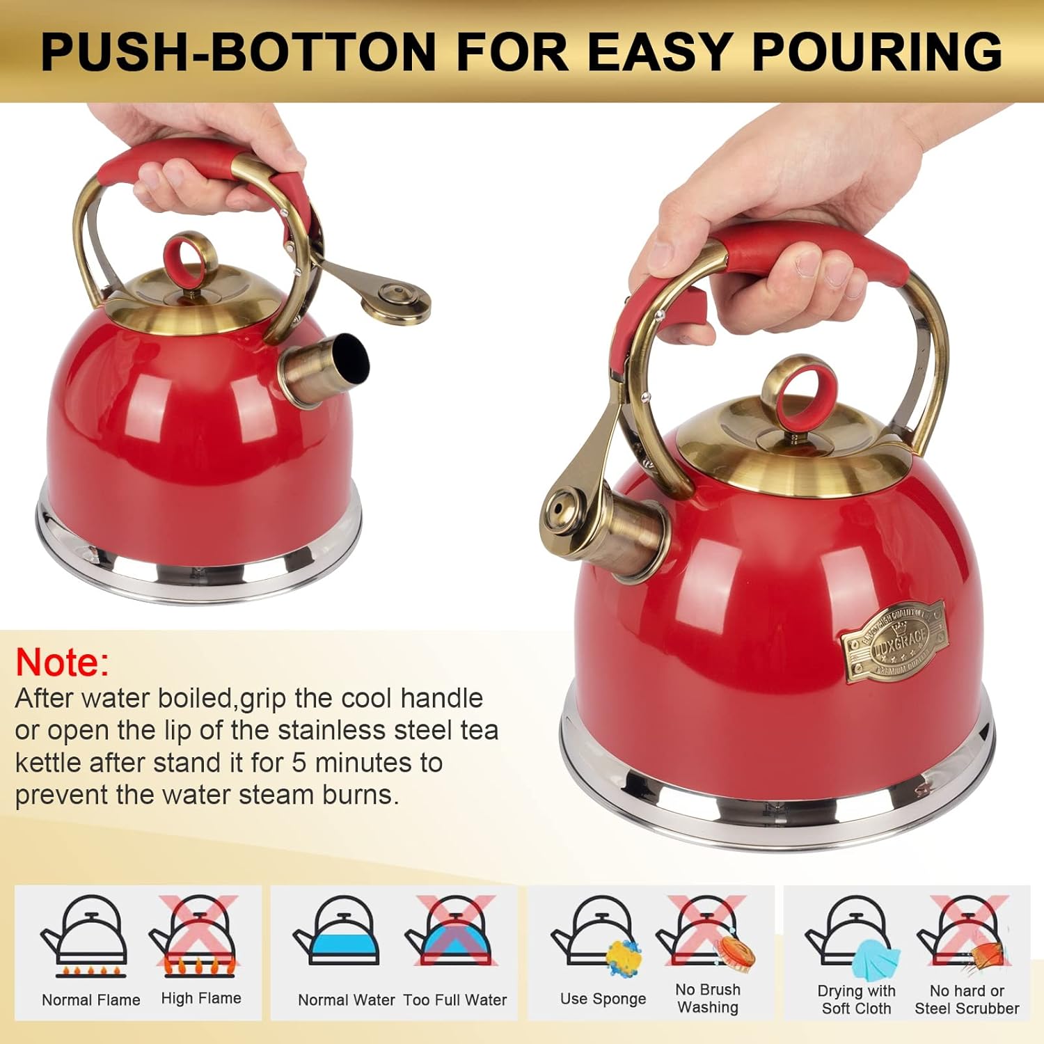 Tea Kettle, Stovetop Whistling Teapot, Stainless Steel, Black, 3.0-Quart