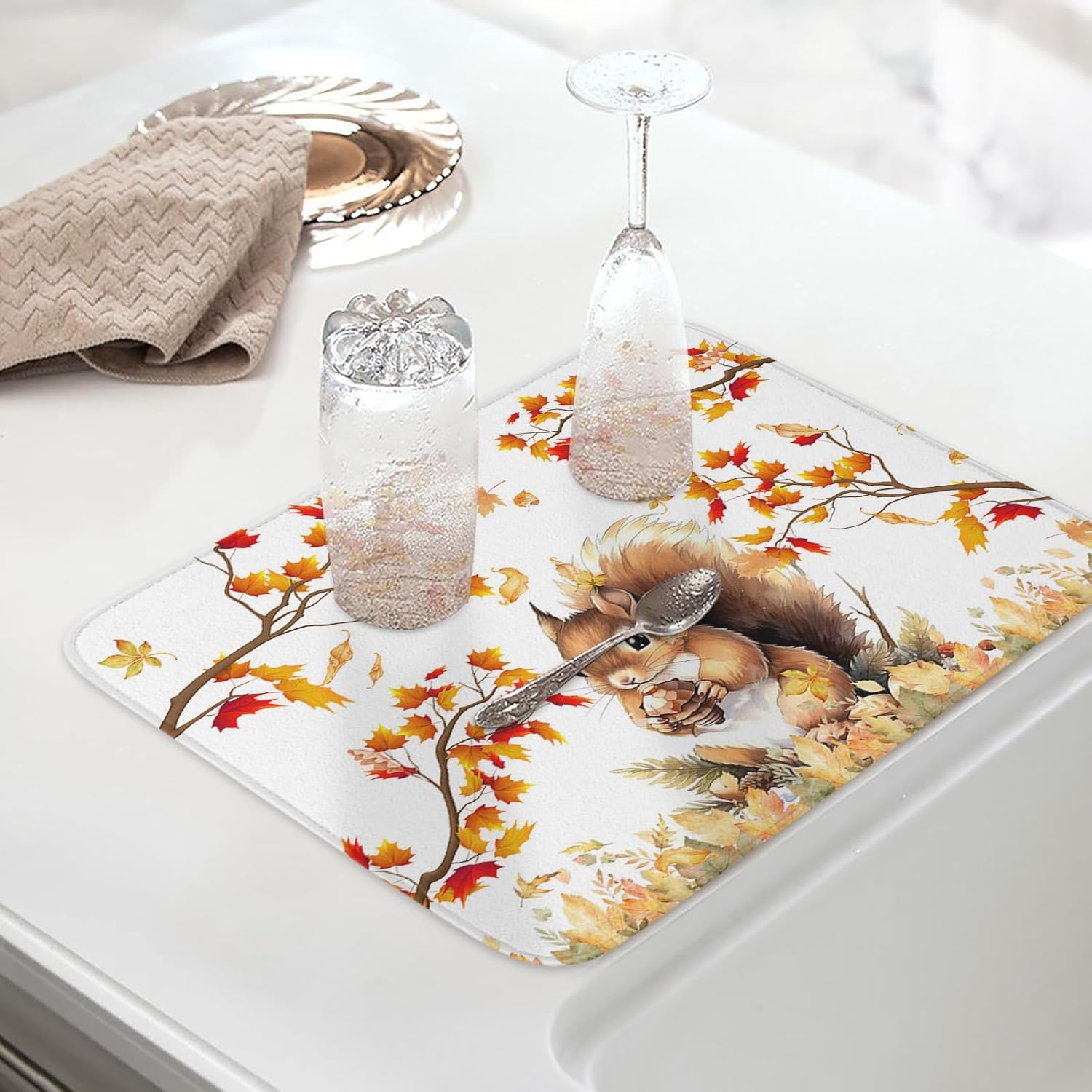 Fall Dish Drying Mat for Kitchen Counter Squirrel Drying Pad Absorbent Drying Mats for Countertops Sinks Draining Racks Pine Cone Autumn Maple Leaves Drainer Holiday Harvest Thanksgiving Decor 16x18