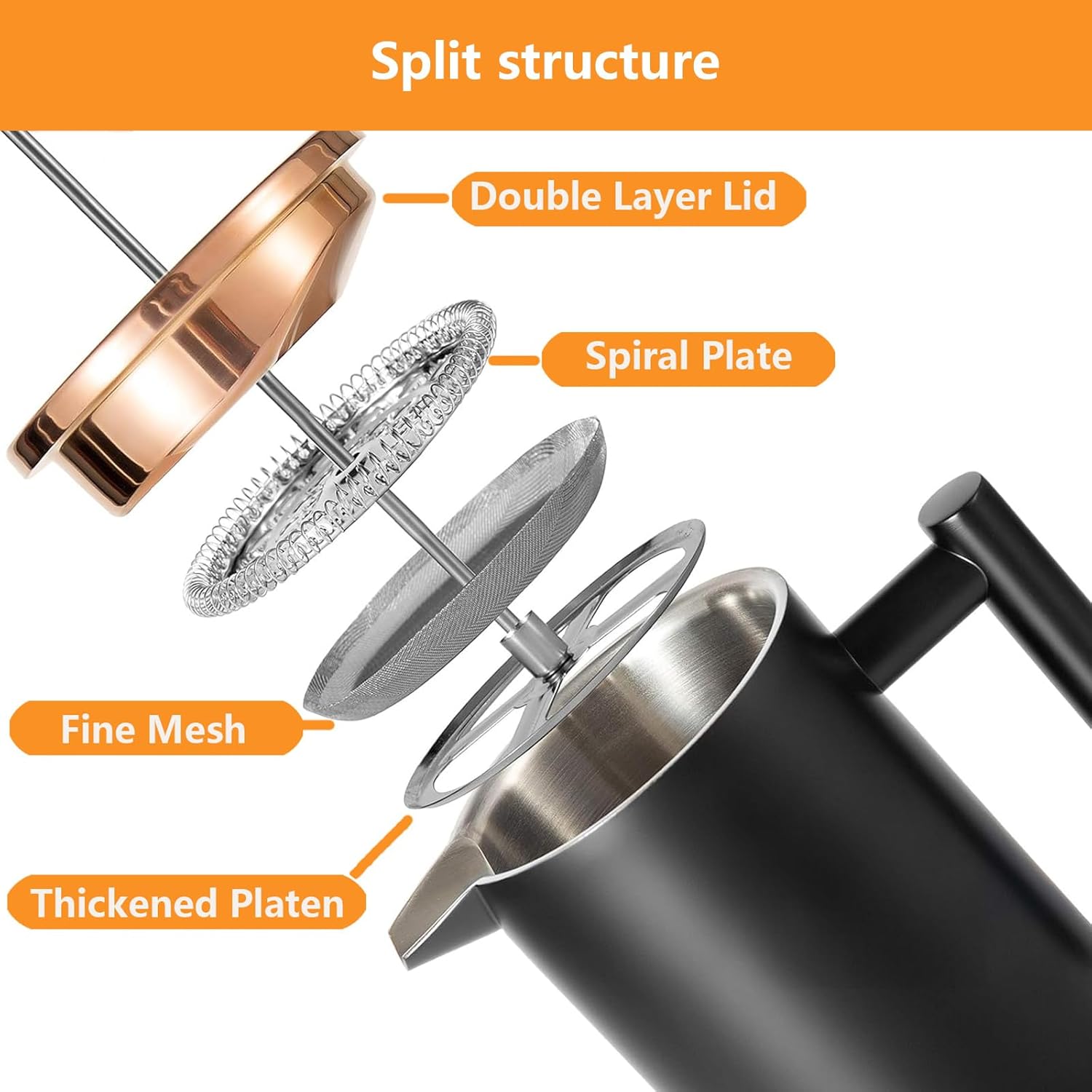 Black French Press Stainless Steel 34oz, Double Wall Insulated Coffee Press 1L for travel camping with 2 Extra Filter Screens and 1 Coffee Spoon（8cup 1000ml） - Blissbrew