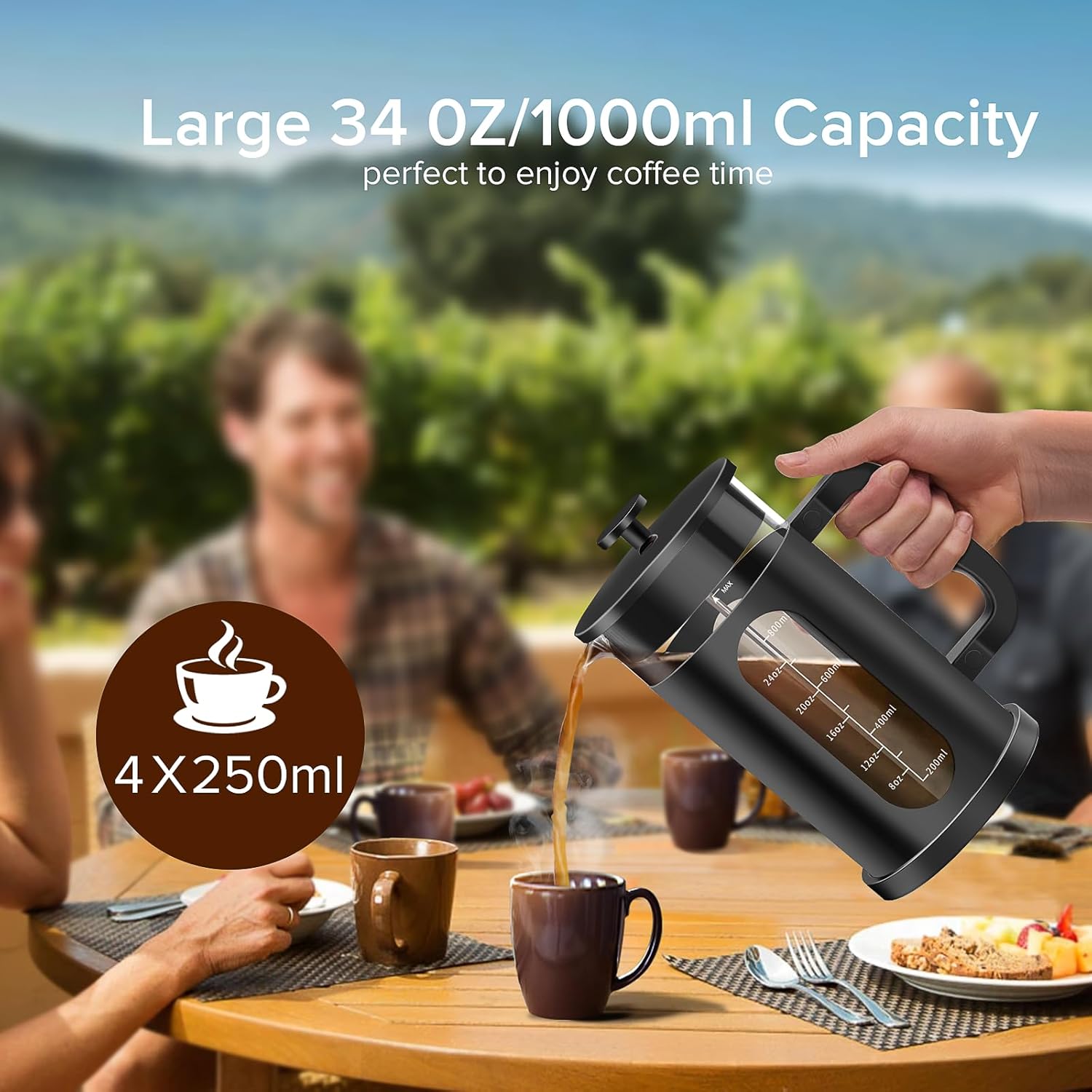 QUQIYSO French Press Coffee Maker, 304 Stainless Steel French Press with 4 Filter, Heat Resistant Borosilicate Glass, Easy to Clean, BPA Free Coffee Press Rust-Free Coffee Maker, 34 ounce, Black - Blissbrew