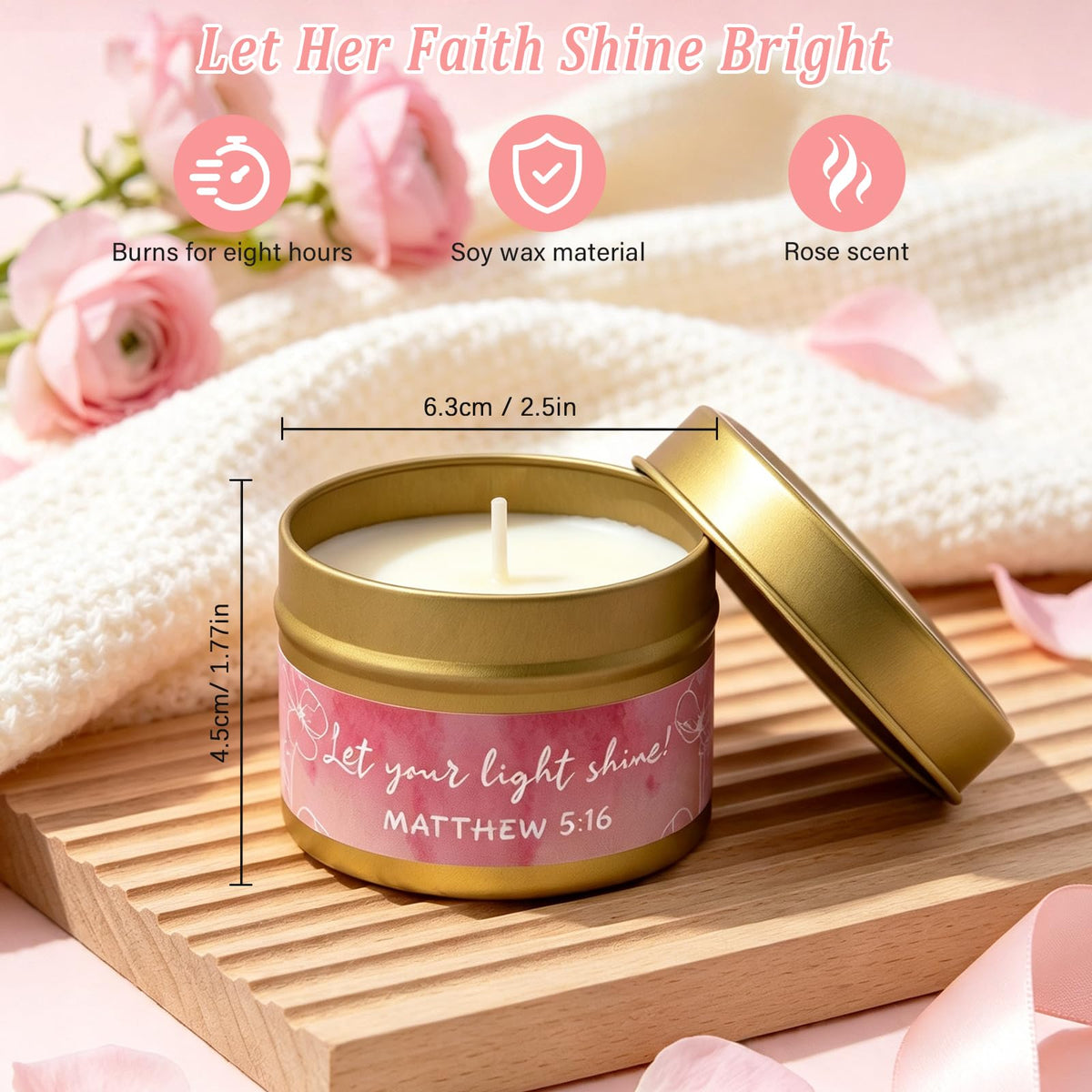 Rose-scented candle included in the gift set