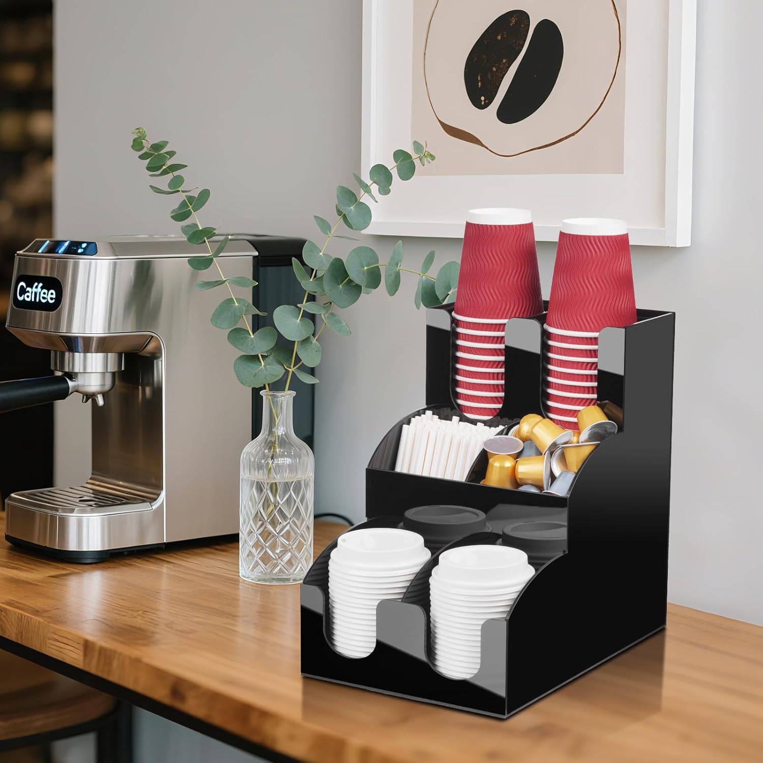 MYITYARD Coffee Station Organizer, 3-Tier Coffee Bar Accessories for Countertop, Acrylic Condiment and Cup Storage Organizer, 6 Compartments, Cup and Lid Holder for Pods, Syrup, Stirrer