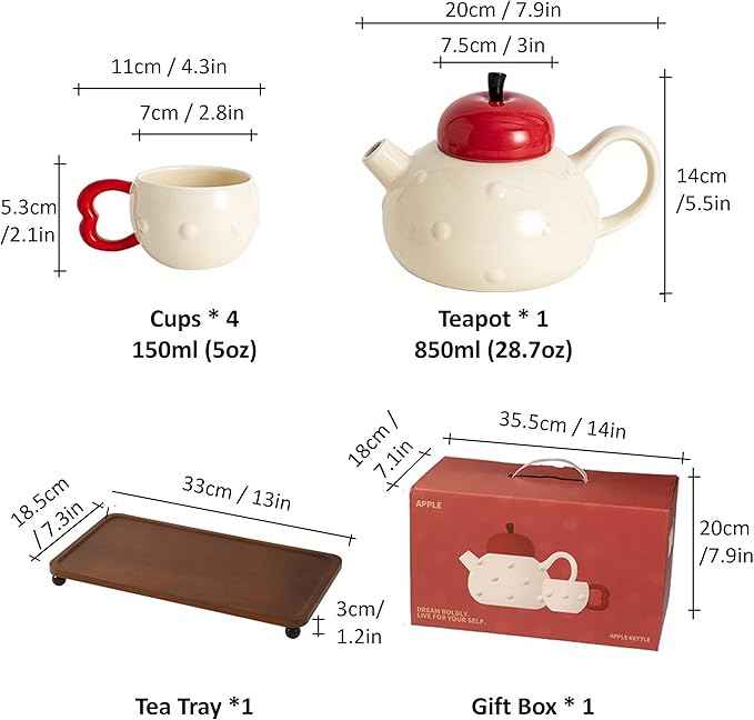 Apple-themed Modern Tea Set, 1 Teapot (28.7oz), 4 Teacups and 1 Tea Tray, Porcelain Tea Set for Adults, Cute Tea Set for Women Tea Party, Gift Package