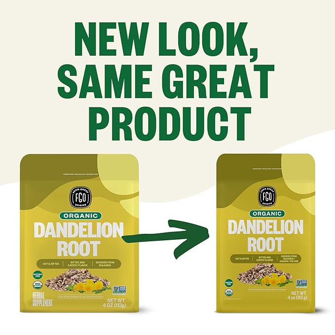 FGO Organic Dandelion Root, Cut and Sifted Loose Tea, 4 Ounce Resealable Bag, Packaging May Vary (Pack of 1)