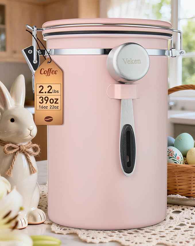 Veken Coffee Canister, 39OZ Large, Airtight Stainless Steel Food Storage Container for 2.2lbs Coffee Beans, Ground, Sugar, Tea, Cookie,Flour, Kitchen Bar Accessories with Date Tracker & Scoop, Pink