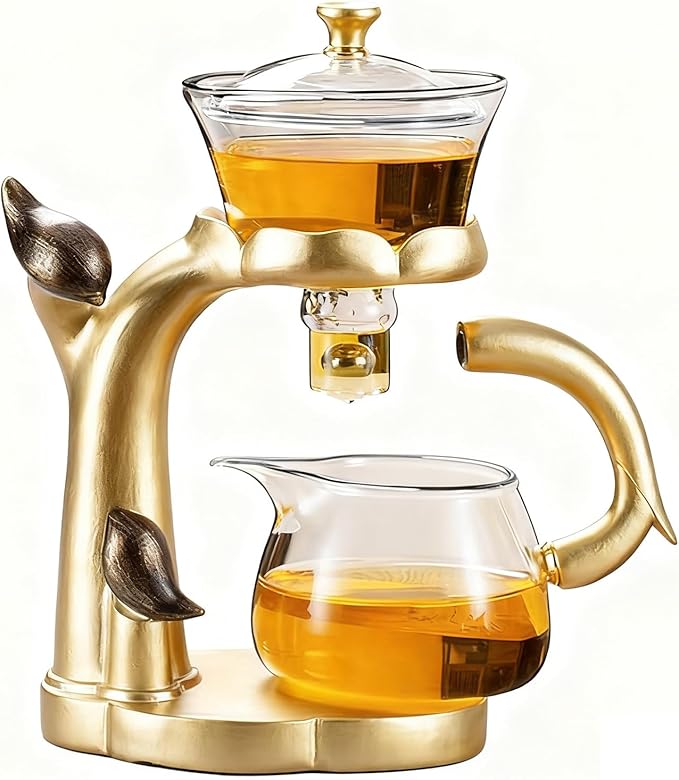 Lazy Kungfu Glass Tea Set Heat Resistant Semi Automatic Drip Rotating with Infuser Magnetic Teapot Set for Gongfu Tea Making Ideal (Gold)