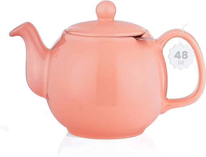 SAKI Large Porcelain Teapot, 48 Ounce Tea Pot with Infuser, Loose Leaf and Blooming Tea Pot - Pink
