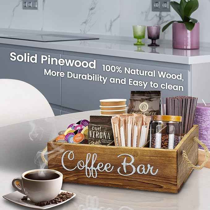Coffee Station Organizer with Small Removable Dividers, Wooden Coffee Bar Accessories Storage For Countertop, Farmhouse Kcup Coffee Pod Holder Basket With Handle For Coffee Lover