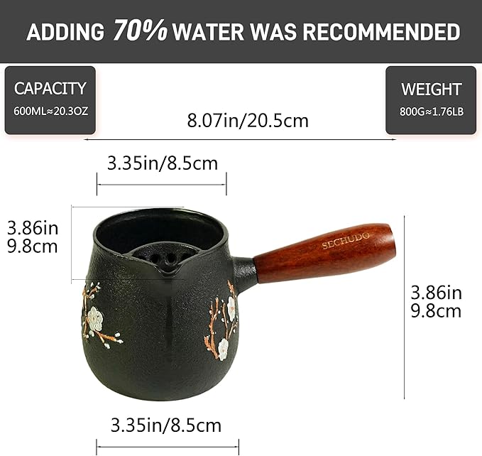 Small Cast Iron Teapot, Japanese Style Tea Kettle without Lid, 20.3 fl oz Tea Pot with Stainless Steel Tea Ball for Loose Tea, Wooden Side-handle Tea Set for Stovetop Safe(600ml)