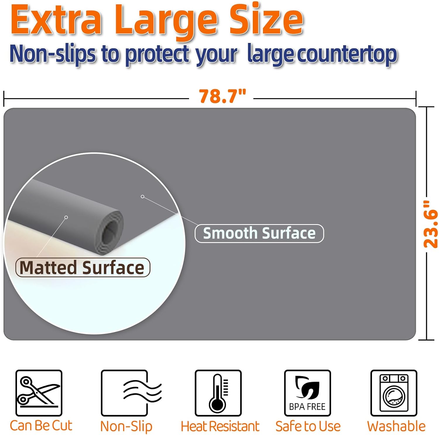 Warome Silicone Mat,78.7”x 23.6” Heat Resistant Mats for Countertop,Extra Large Countertop Protector Mat, Multi-Functional Cuttable Kitchen Counter Mat, Silicone Mats for Kitchen Counter/Crafts- Grey
