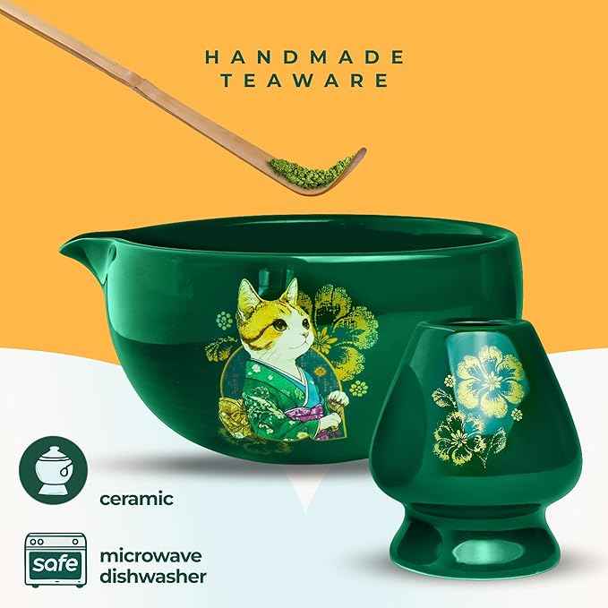 Matcha Gift Set 6 Pcs – Ceramic Bowl, Bamboo Whisk, Whisk Holder, Scoop, Sifter & Cloth – Traditional Japanese Set for Green Tea by Aprika Matcha (Green with Spout)