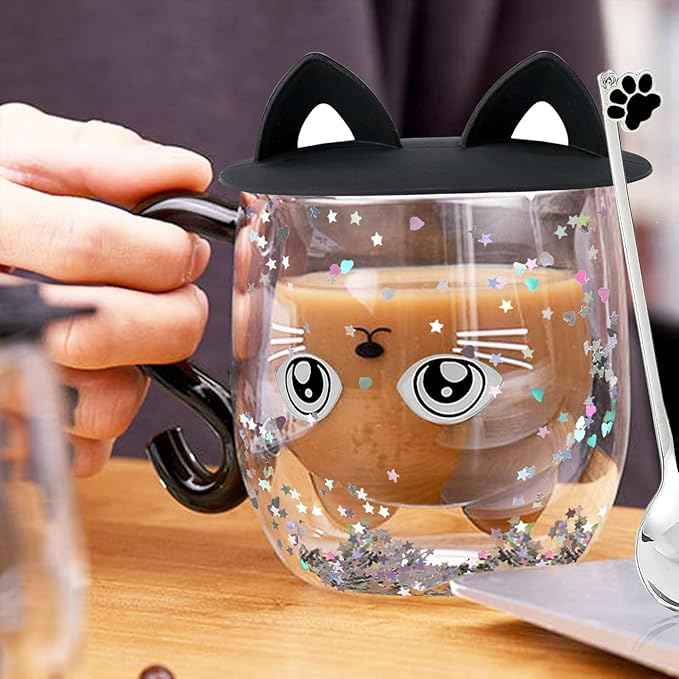 Gifts for Women Cat Gifts Double Walled Glass Coffee Latte Cup Cute Stuff Black Cat Mug Gifts for Her Christmas Stocking Fillers,Birthday,Valentines,Halloween Presents for Women,Men,Kid,Mum,Teacher