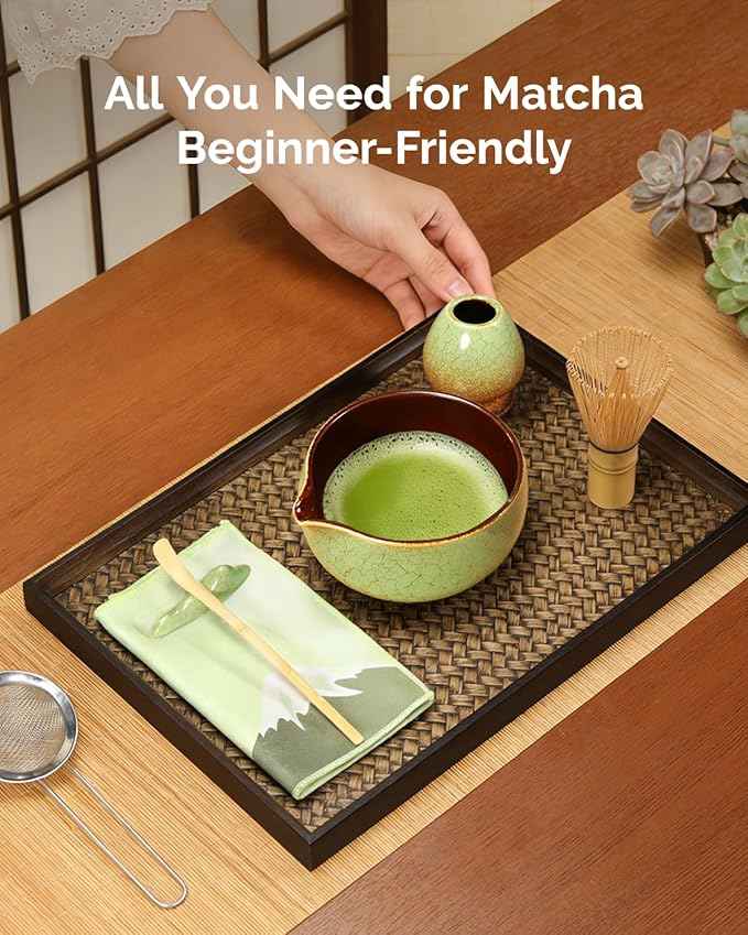 Maestri House Matcha Whisk Set, 7-Pc Complete Matcha Kit with Spouted Ceramic Bowl, Bamboo Whisk and Holder, Scoop, Spoon Rest & Sifter, Tea Cloth – Ideal Gift for Matcha Lovers (Verdant Abyss)