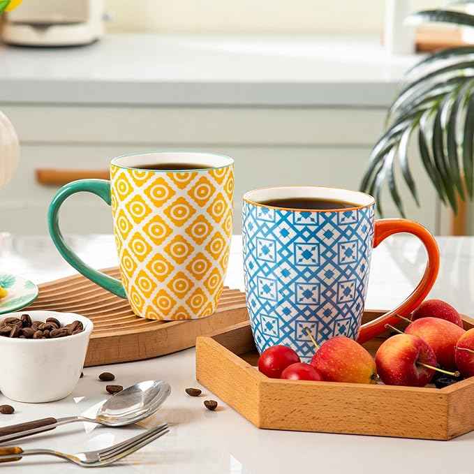 Ceramic Coffee Mugs Set - 16 Oz Large Porcelain Tea Cups with Handle for Men Women Cappuccino Latte Cocoa - Microwave Dishwasher Safe - Christmas Housewarming Gift - Set of 6 - Assorted Colors