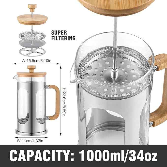 Sivaphe No-Plastic French Press Coffee Maker 34 oz, Borosilicate Glass Bamboo Lid and Handle Coffee Tea Press 8 cup, 1000ml Coffee Milk Forther with Stainless Steel Holder and Resuable Filters