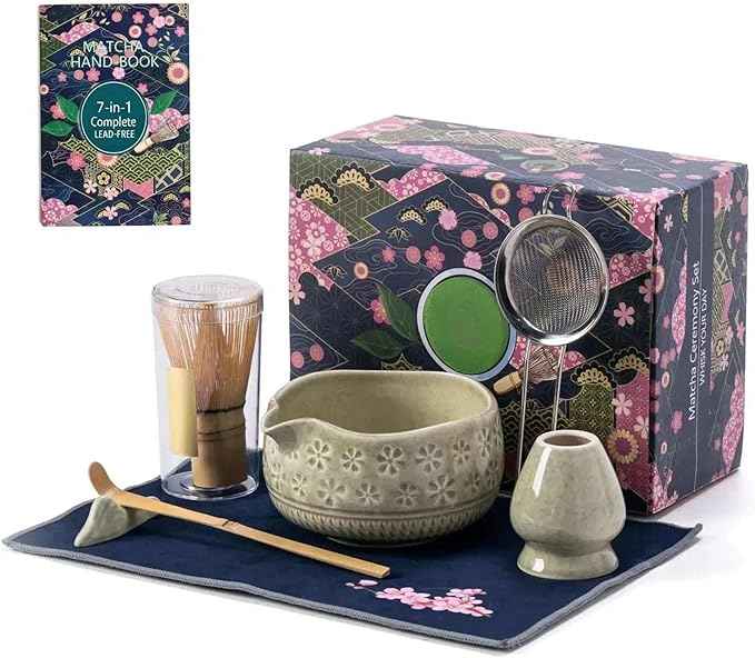 Matcha Whisk Set for Beginner: Japanese Tea Ceremony, 7-in-1 Starter Kit, Easy to Use Guide, 60s Dense Foam, 100% Natural Handmade Bamboo, Lead-Free Ceramic Bowl, Food Safety Certified, Gifts.