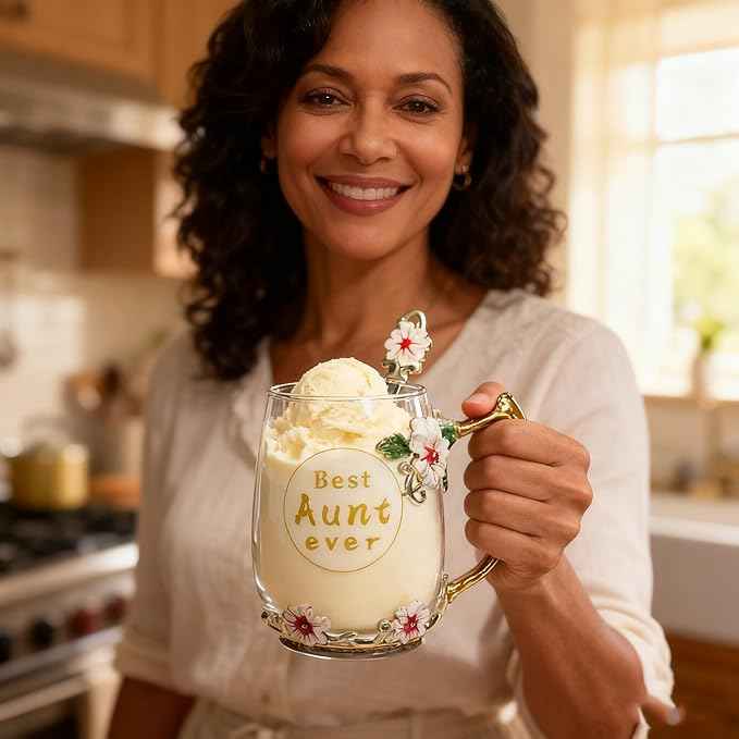 Best Aunt Ever Printed Flower Tea Glass - Hidden in Socks, Perfect Christmas Thanksgiving Gift for Aunt Auntie or Neighbor