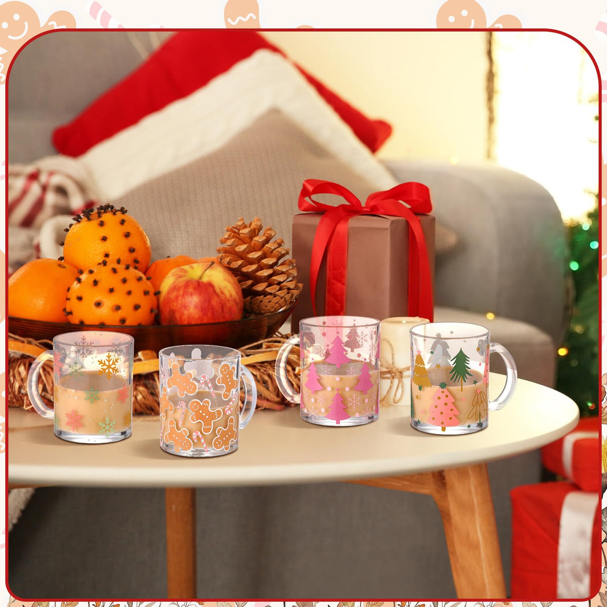 Holiday glass mug in pink, green and light brown