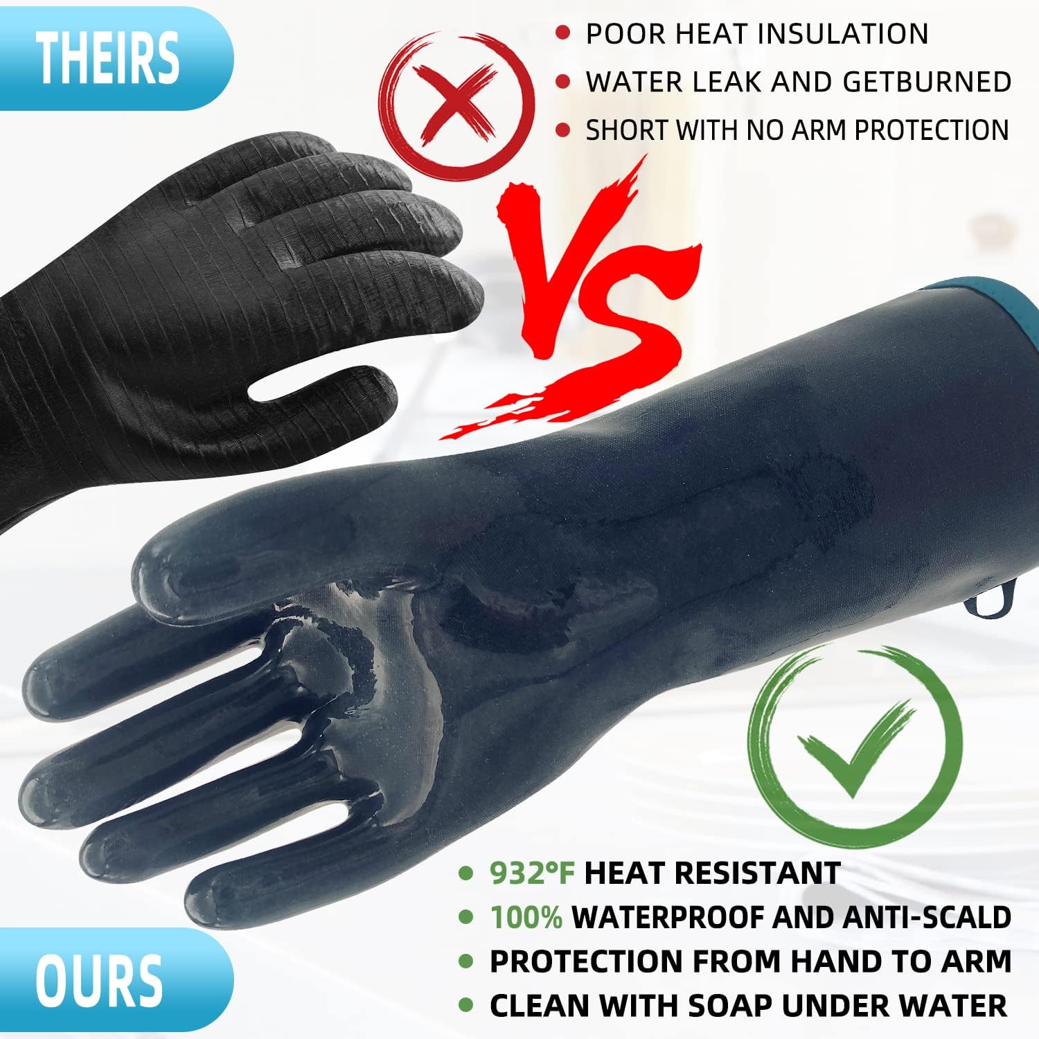 DEYAN Silicone BBQ Gloves, 932°F Heat Resistant Oven Gloves with Fingers, Kitchen Waterproof Hot Proof Glove for Fryer, Smoker, Baking, Cooking, Cutting(10/XL)
