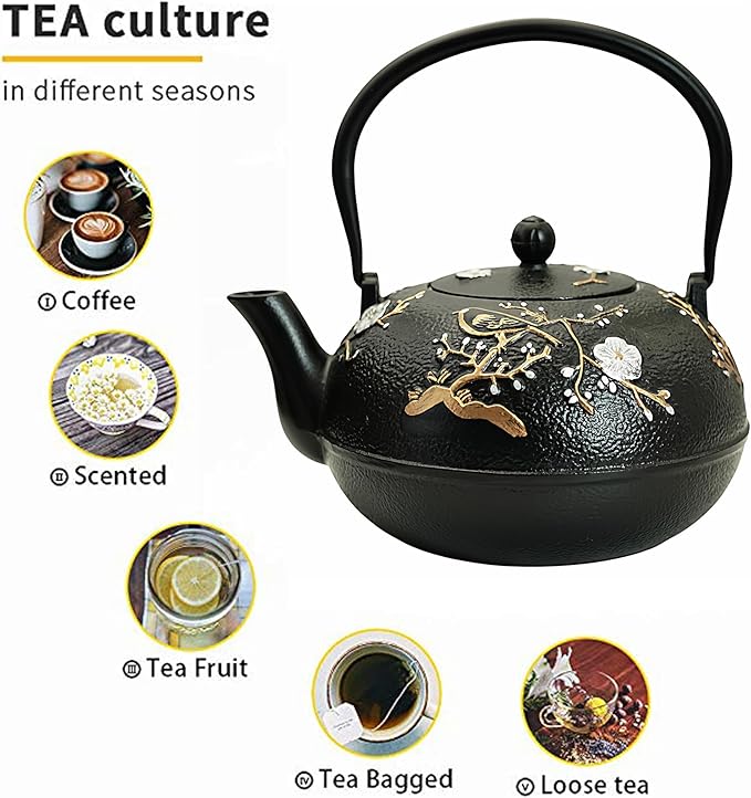 YJX 60.9oz Large Cast Iron Teapot for Stovetop, Japanese Tetsubin, Heavy and Durable Tea Pot, Tea Kettle with Stainless Steel Infuser for Loose Tea, Floral Pattern(1800ML)