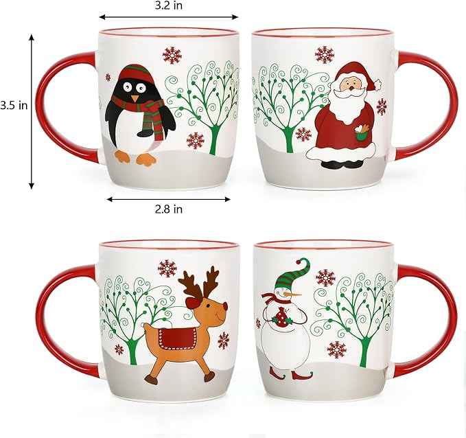 YHRJWN Christmas Mugs Set of 4, Merry Christmas Coffee Mugs with Reindeer, Santa, Snowman, Penguin Designs, Holiday Gifts for Family & Friends, 11 Oz