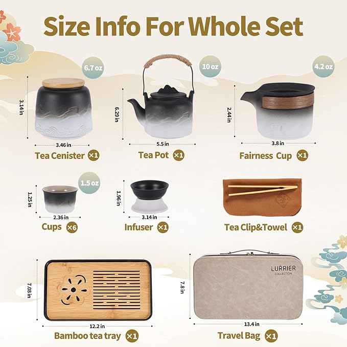 LURRIER Gongfu tea sets, Portable Ceramic TeaSet, Asian Tea sets for adult, Tea Gift sets, Grey leather case, Portable Travel Bag,Home,Gifting,Outdoor and Office(Black and White)