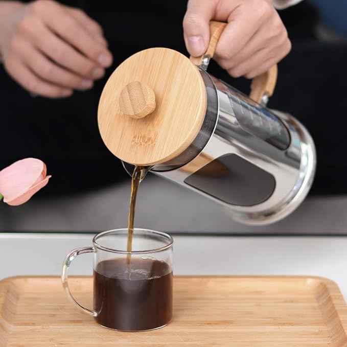 Sivaphe No-Plastic French Press Coffee Maker 34 oz, Borosilicate Glass Bamboo Lid and Handle Coffee Tea Press 8 cup, 1000ml Coffee Milk Forther with Stainless Steel Holder and Resuable Filters