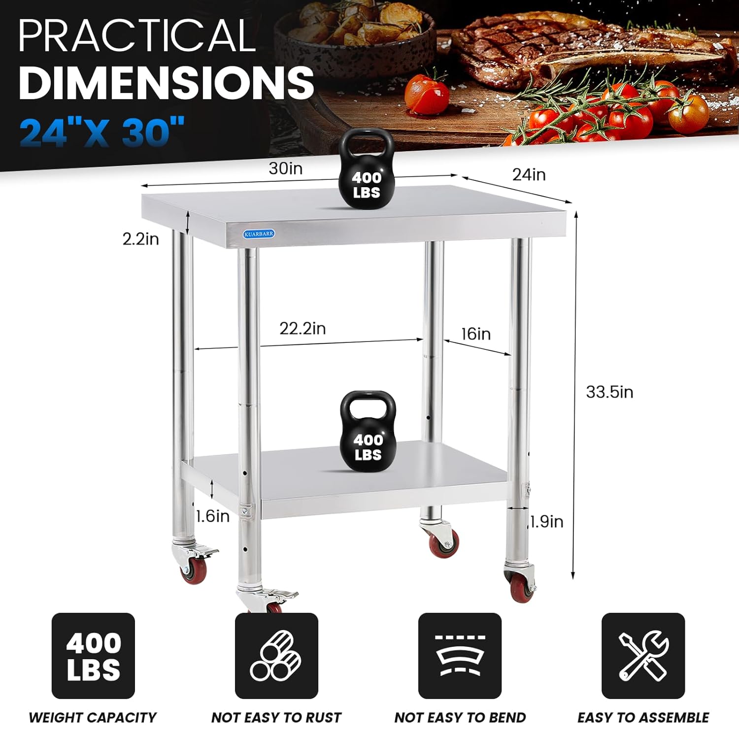 Stainless Steel Table for Prep & Work with 4 Caster Wheels with Adjustable Undershelf 24 x 30 NSF Metal Commercial Kitchen Worktable for Restaurant Home Outdoor