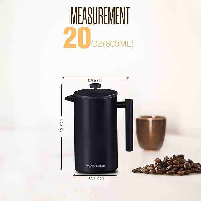 Utopia Kitchen 304 Grade Stainless Steel French Press Coffee Maker 21 Oz, Double Wall Insulated Coffee Press with 4-Level Filtration system, Include 2 Extra Filters, Rust-Free, Black
