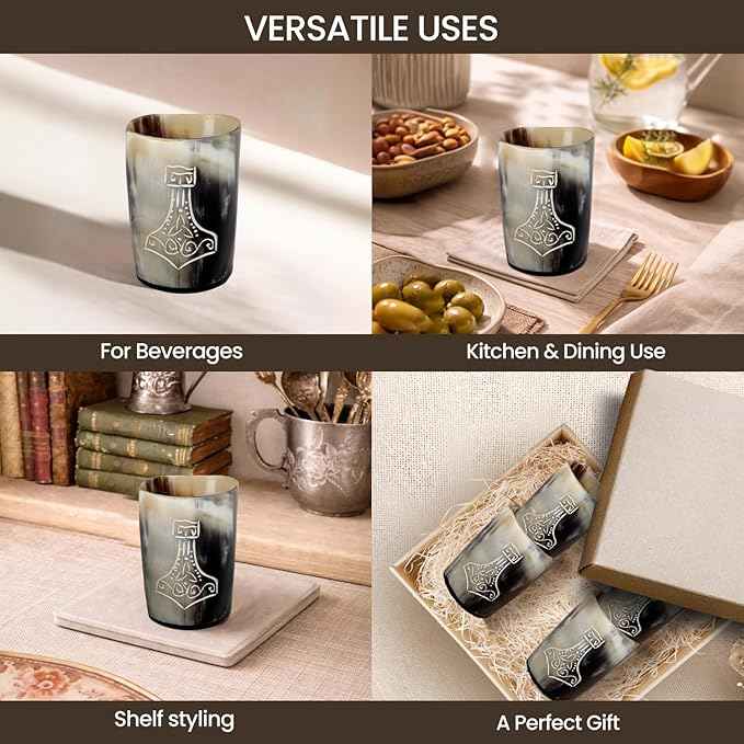 Handicrafts Home Viking Horn Shot Glasses Set of 4, Handmade Natural Ox Horn, Rustic Viking Drinkware Whiskey Shot Cups, Father’s Day Gifts, Medieval Decor Gift Set for Men & Groomsmen, Birthday Gifts