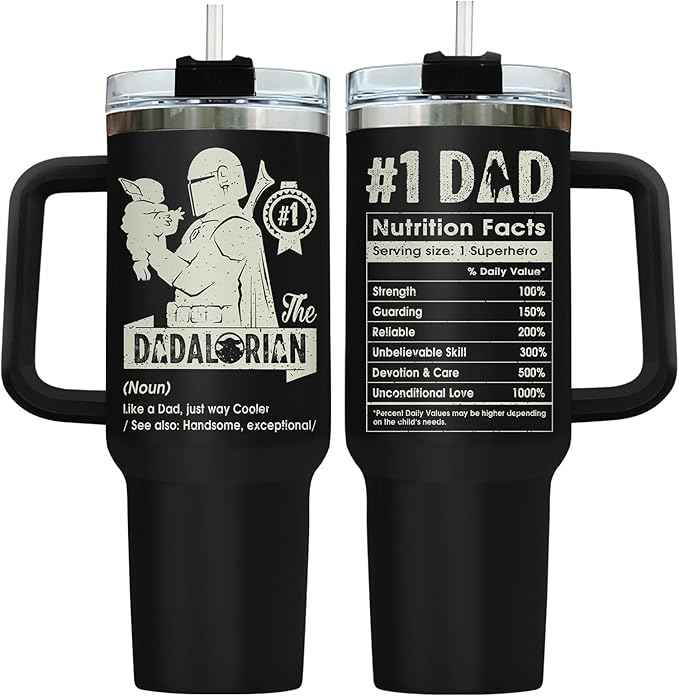 34HD Dadalorian Dad Tumbler 40oz with Handle Lid and Straw, Funny Daddy Galactic Nutrition Facts Gift, Black Stainless Steel Insulated Cup for Men, Space Theme Father’s Day Birthday Present