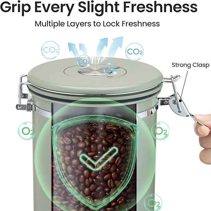 Veken Coffee Canister, 39OZ Large, Airtight Stainless Steel Food Storage Container for 2.2lbs Coffee Beans, Ground, Sugar, Tea, Flour, Cereal, Kitchen Bar Accessories with Date Tracker & Scoop, Green