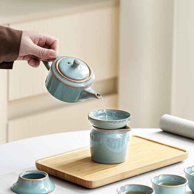 Chinese Tea Set, 10-Piece Ceramic Set with Teapot and Cups, Gongfu Tea Set,Tea Gift Sets,Outdoor and Office (purple and green)