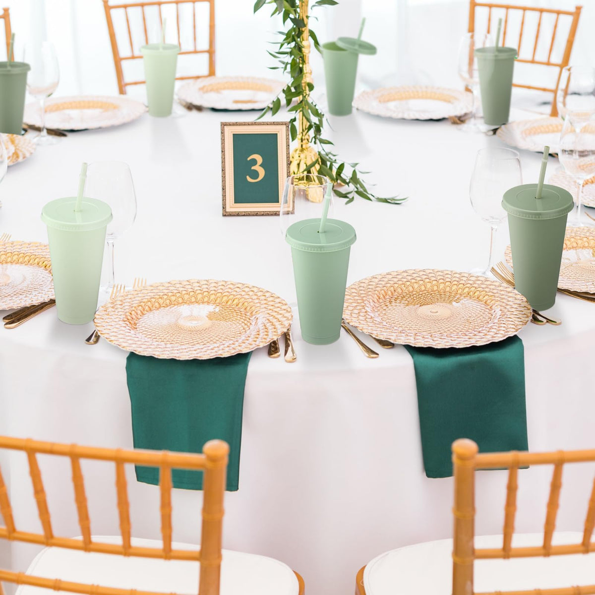 Sage green plastic tumbler with straw for parties and offices