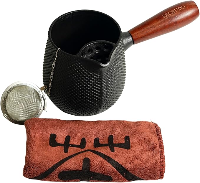 Small Cast Iron Teapot, Japanese Style Tea Kettle without Lid, 20.3oz Tea Pot with Stainless Steel Tea Ball for Loose Tea, Wooden Side-handle Tea Set for Stovetop Safe(600ml)