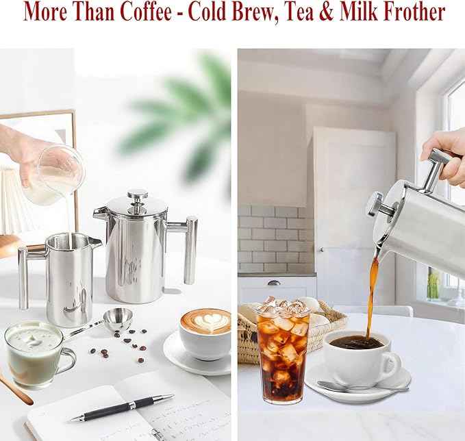 Stainless Steel French Press Coffee Maker - Portable Cafetiere 3 Cup Espresso Coffee Press - Double Wall Insulated, Triple Mesh Filter - Perfect for Home, Office, Camping & Travel (20 Oz)
