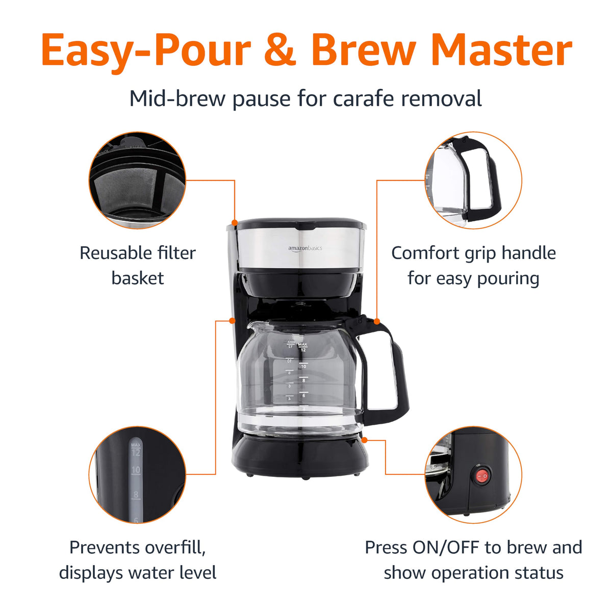 Coffee maker front view with ON/OFF switch and indicator light