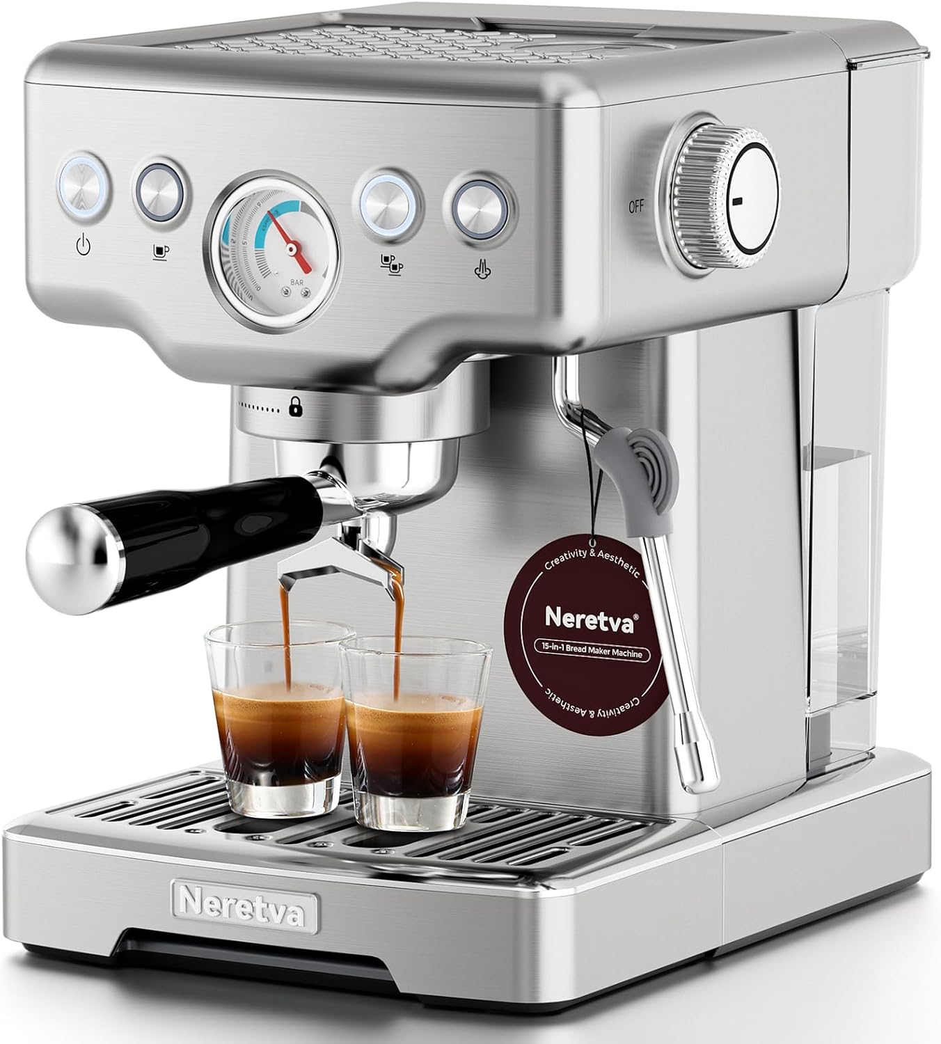Neretva Espresso Machine, 15 Bar Espresso Coffee Machine with Visible Pressure Guage Professional Espresso Maker with Milk Frother & Stainless Steel for Home Barista Latte and Cappuccino Maker-Silver - Blissbrew