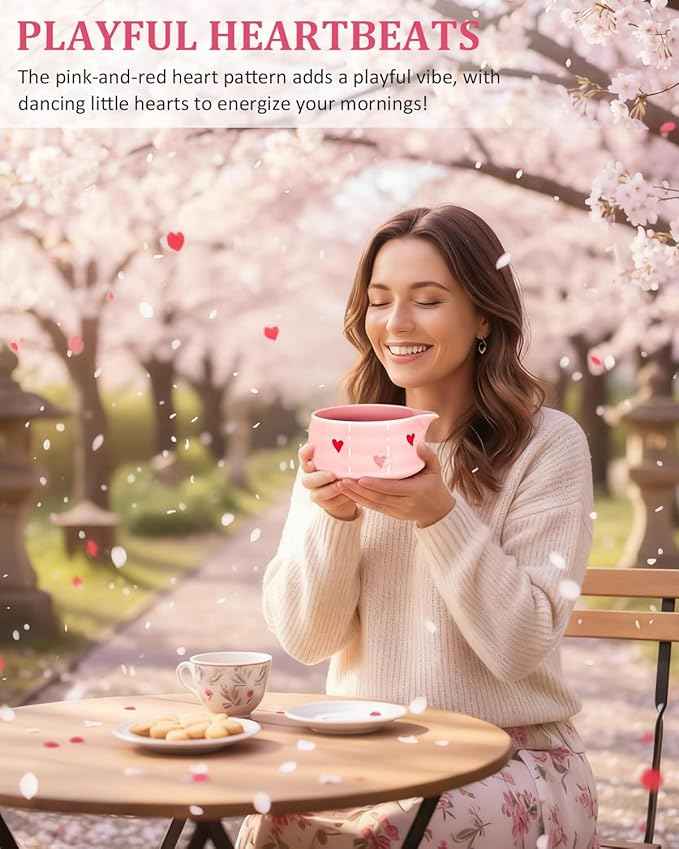 8Pcs Cute Ceramic Matcha Set with Whisk Bowl, Matcha Tea Kit Holder, Bamboo Scoop, Sifter, Towel Included, Valentine's Mother's Day Gift for Matcha Lover Women (Heart Shape Pink)