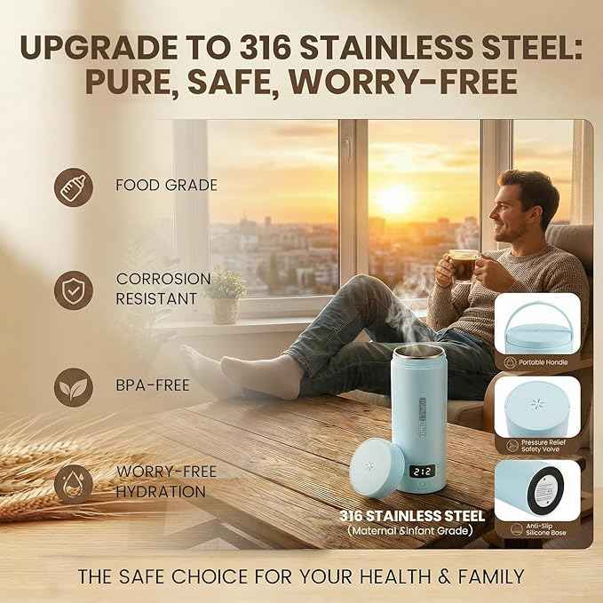 Portable Electric Kettle for Travel, Small Hot Water Kettle with NTC Temperature Control and Auto Shut-Off, 316 Stainless Steel, Blue 120V & 15oz