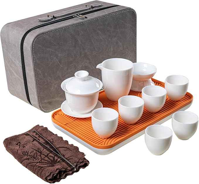 KEYDUACU Gaiwan Chinese Gongfu Tea Set，Asian Adult White Ceramic Tea Set, 6 Cups Suitable for Small Gatherings, Home, Office and Travelling, Gift Giving(Travel-White)