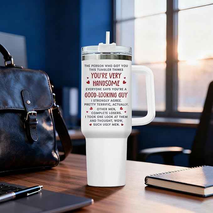 34HD Funny Handsome Guy Tumbler 40oz with Handle Lid and Straw, Mr President Parody Stainless Steel Cup, Novelty Gift for Men, Birthday Father's Day Insulated Travel Mug for Husband Boyfriend & Dad