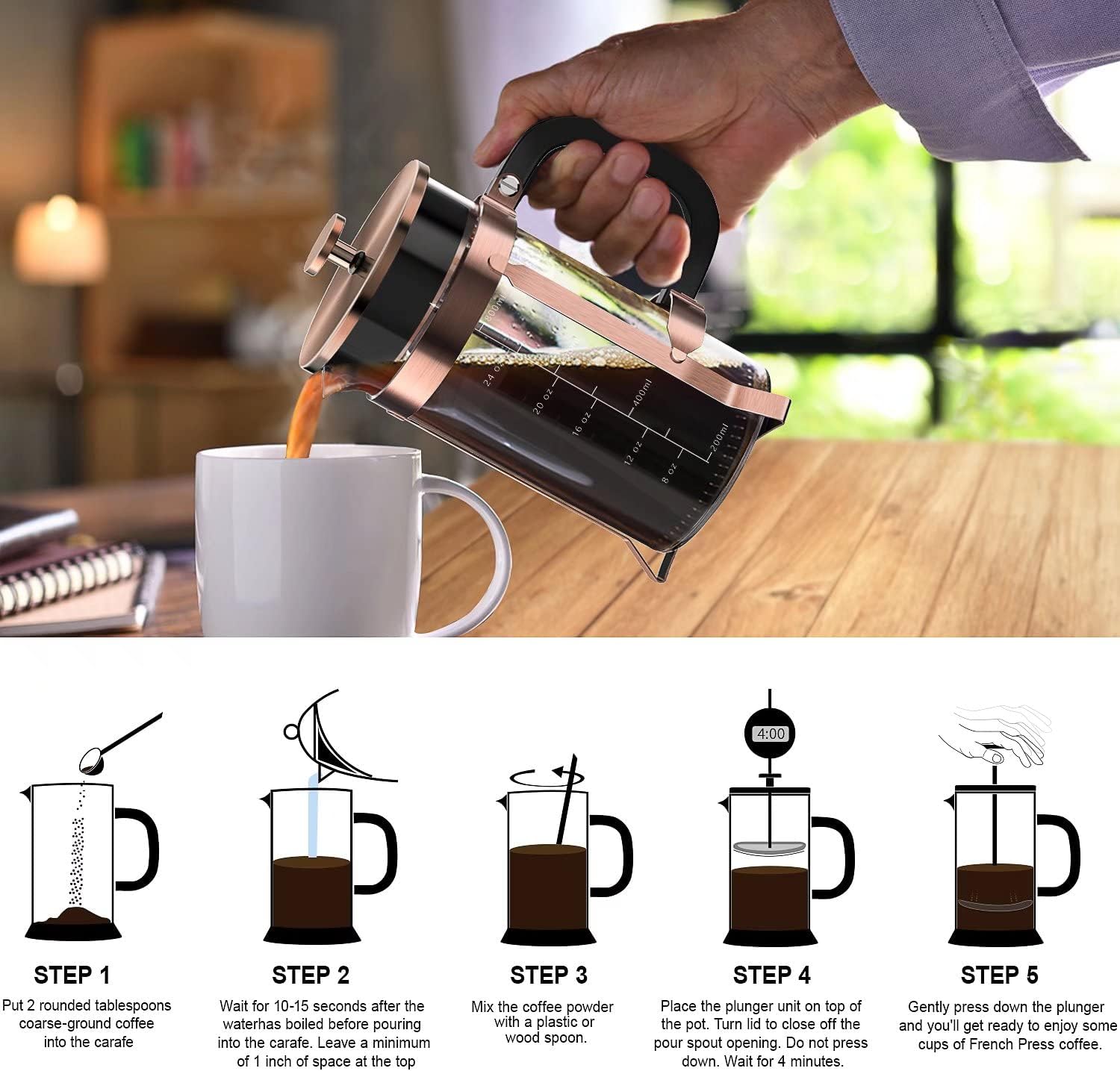 QUQIYSO French Press Coffee Maker 34oz 304 Stainless Steel with 4 Filter, Heat Resistant Durable, Easy to Clean, Borosilicate Glass Press, 100% BPA Free Teapot (Copper) - Blissbrew