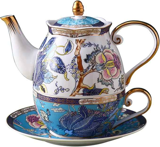 Luxury Pot 3 Pieces,Blue Birds and Flowers Tea for One Set,Ceramic Tea Cup and Saucer Set with Teapot, Gift Package for Party Service Room Decoration
