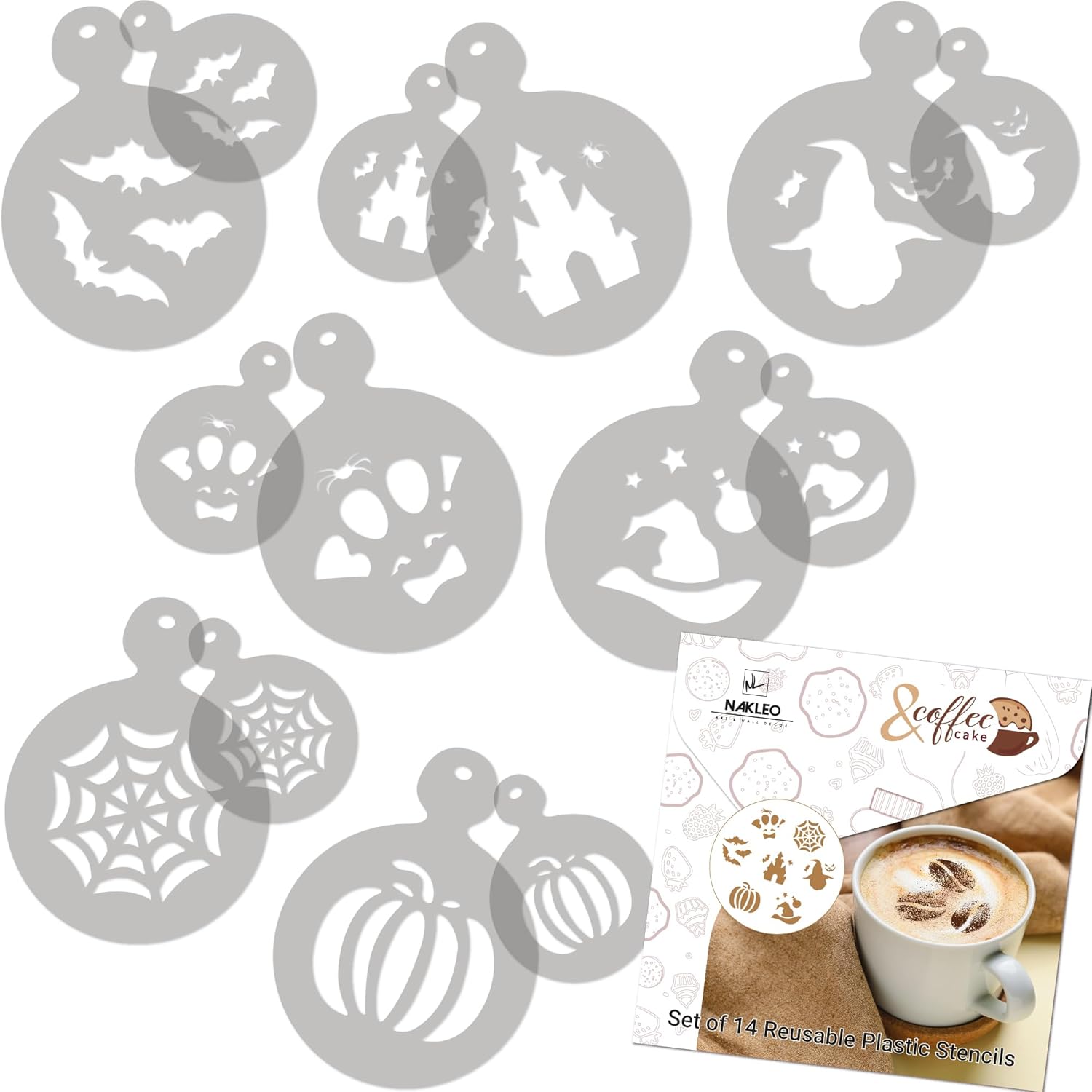 NAKLEO Coffee Cookies Decoration Reusable Plastic Baking Stencil - 7x7cm and 11x11cm / 2.8'x2.8' and 4.3'x4.3' - Halloween Ghost Spider - Art Craft DIY Biscuit Pastry Cake Glaze Kitchen