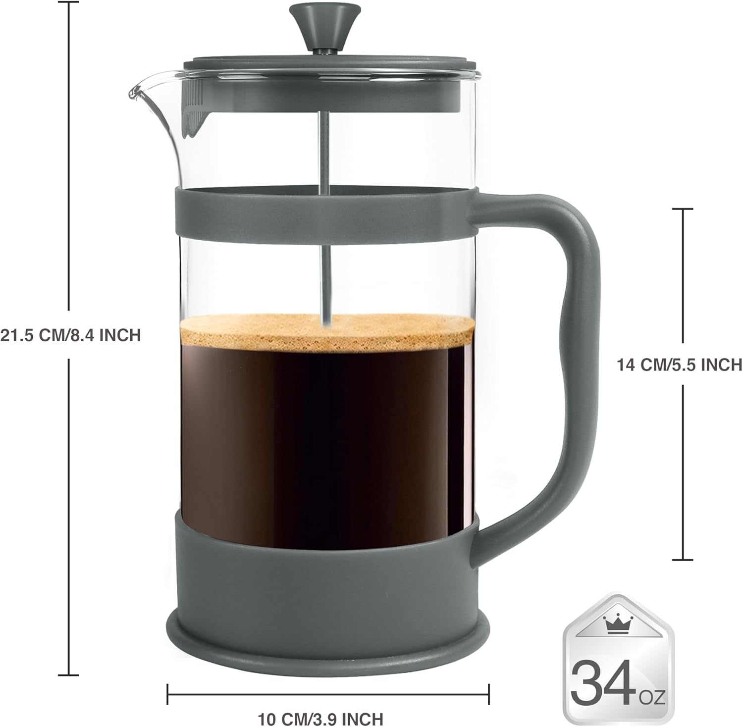 Utopia Kitchen French Press Espresso and Tea Maker with Triple Filters, Stainless Steel Plunger and Heat Resistant Borosilicate Glass (Grey, 34-oz (Pack of 1)) - Blissbrew