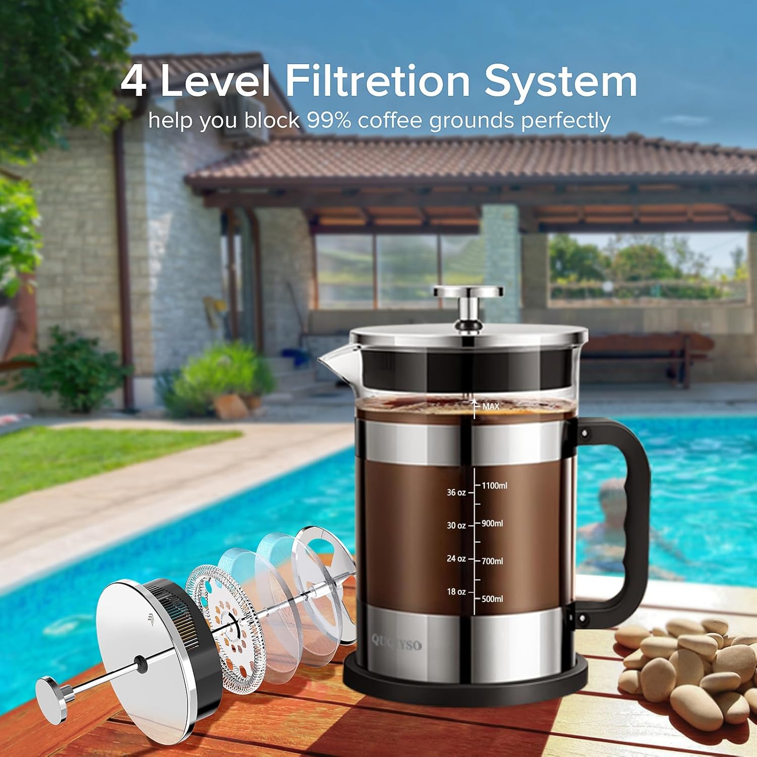 QUQIYSO French Press Coffee Maker 51oz 304 Stainless Steel French Press with 4 Filter, Heat Resistant Durable, Easy to Clean, Borosilicate Glass Coffee Press, Sliver - Blissbrew