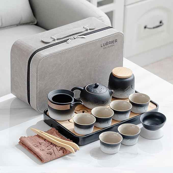 LURRIER Gongfu tea sets, Portable Ceramic TeaSet, Asian Tea sets for adult, Tea Gift sets, Grey leather case, Portable Travel Bag,Home,Gifting,Outdoor and Office(XBlack and White)