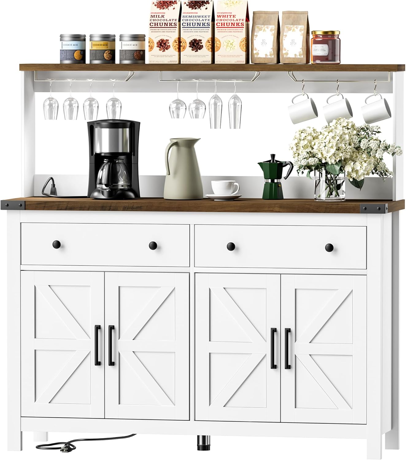 Hutch Storage Cabinet Buffet with Drawers, and Charging Station, Coffee Bar Cabinet with Barn Doors, Wine Rack and Hooks, Countertop, Long Farmhouse, White, for Kitchen, Dining Room, 54.1