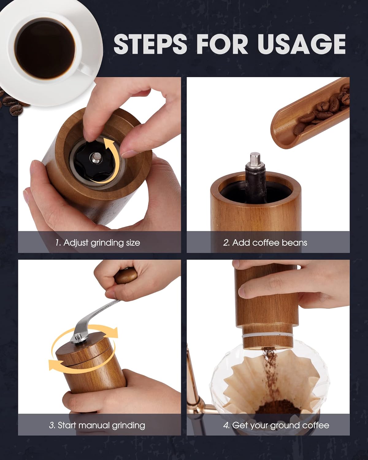 POLIVIAR Manual Coffee Grinder, Coffee Bean Grinder with Adjustable Ceramic Burr, Vintage Style Wooden Hand Coffee Grinder, Portable Burr Coffee Grinder with Brush and Spoon （JX2022-CG10）